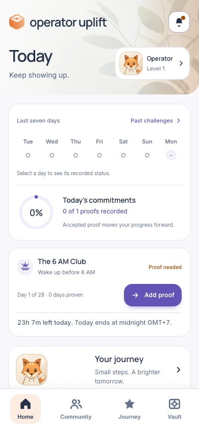 Operator Uplift app showing today’s commitments and proof submission