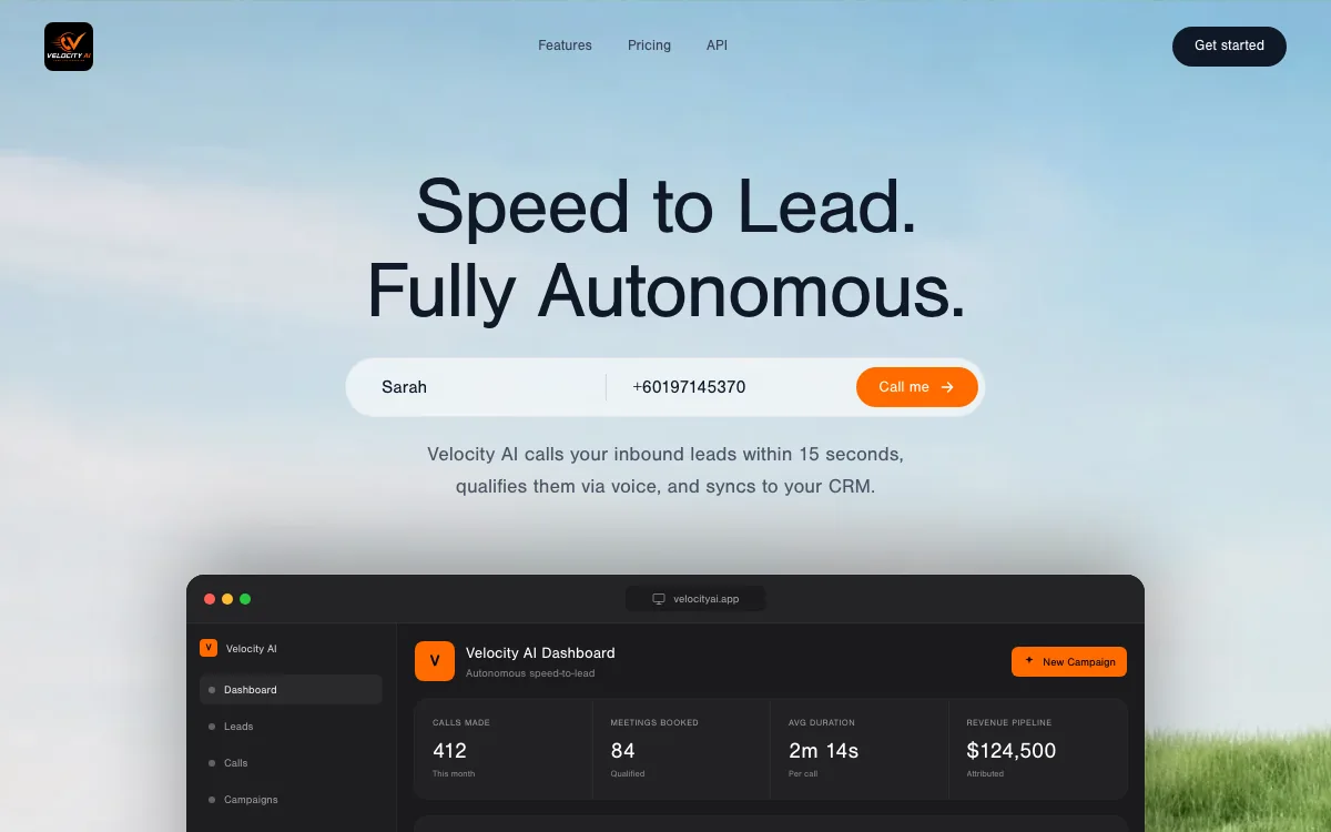 Velocity AI speed-to-lead website and its sample call dashboard