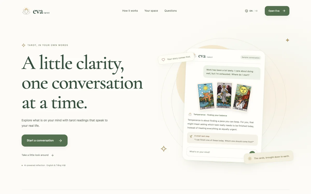 Eva Tarot website with its conversational tarot experience